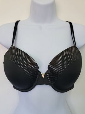 Victoria's Secret Lined Perfect Coverage Black Gold Bra V Logo Light Padded 36 C